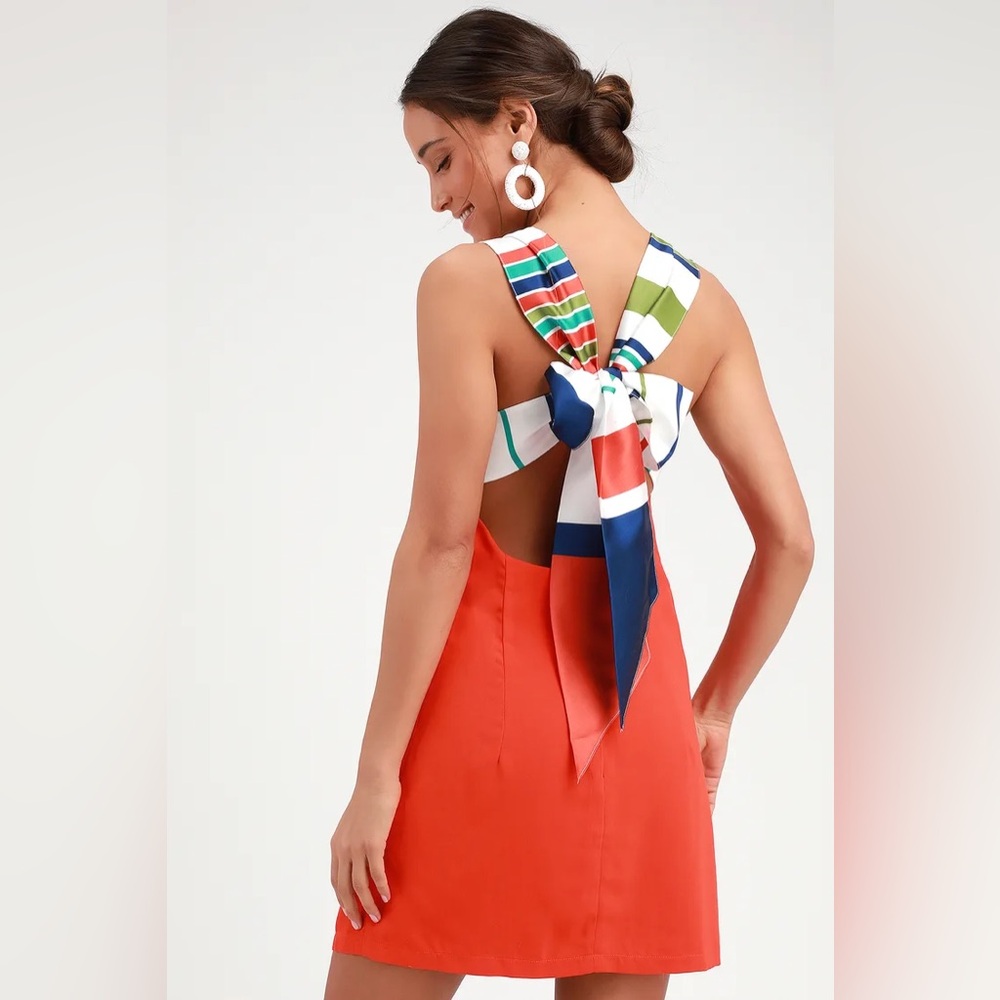 Lulus Joyful Red Orange Multi Stripe Tie-Back Mini Dress
